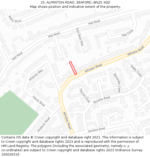 15, ALFRISTON ROAD, SEAFORD, BN25 3QD: Location map and indicative extent of plot