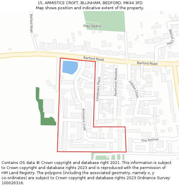 15, ARMISTICE CROFT, BLUNHAM, BEDFORD, MK44 3FD: Location map and indicative extent of plot