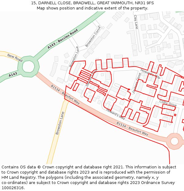 15, DARNELL CLOSE, BRADWELL, GREAT YARMOUTH, NR31 9FS: Location map and indicative extent of plot