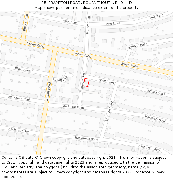 15, FRAMPTON ROAD, BOURNEMOUTH, BH9 1HD: Location map and indicative extent of plot