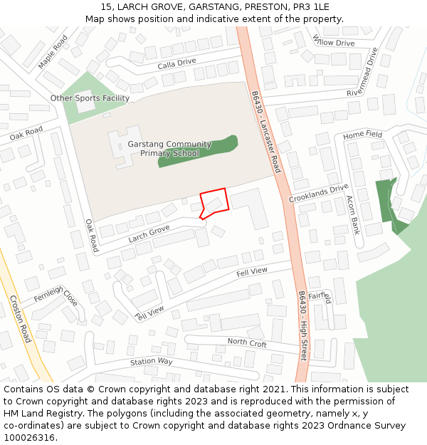 15, LARCH GROVE, GARSTANG, PRESTON, PR3 1LE: Location map and indicative extent of plot