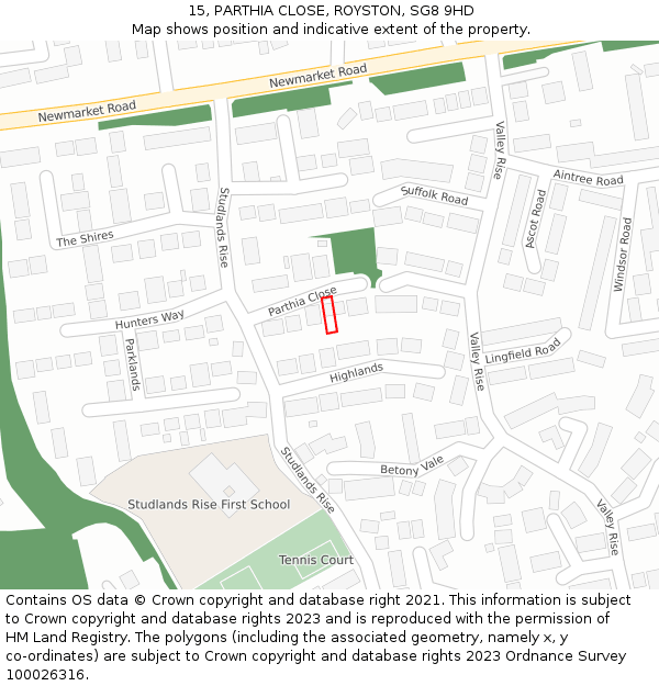 15, PARTHIA CLOSE, ROYSTON, SG8 9HD: Location map and indicative extent of plot