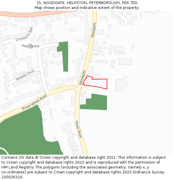 15, WOODGATE, HELPSTON, PETERBOROUGH, PE6 7ED: Location map and indicative extent of plot