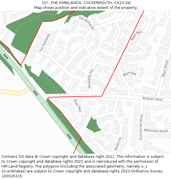 157, THE PARKLANDS, COCKERMOUTH, CA13 0XJ: Location map and indicative extent of plot