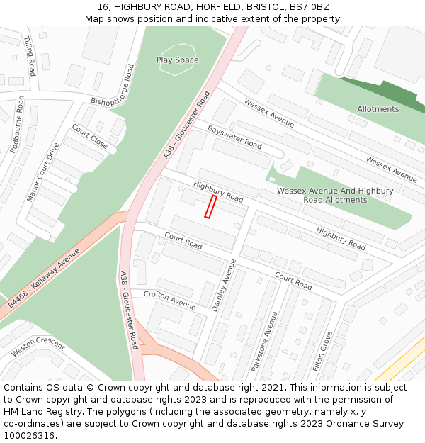 16, HIGHBURY ROAD, HORFIELD, BRISTOL, BS7 0BZ: Location map and indicative extent of plot