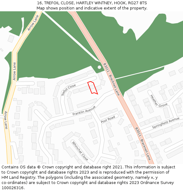16, TREFOIL CLOSE, HARTLEY WINTNEY, HOOK, RG27 8TS: Location map and indicative extent of plot