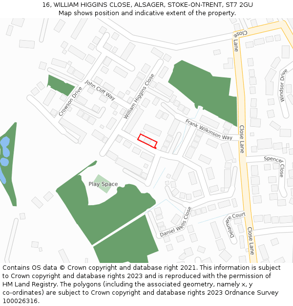 16, WILLIAM HIGGINS CLOSE, ALSAGER, STOKE-ON-TRENT, ST7 2GU: Location map and indicative extent of plot