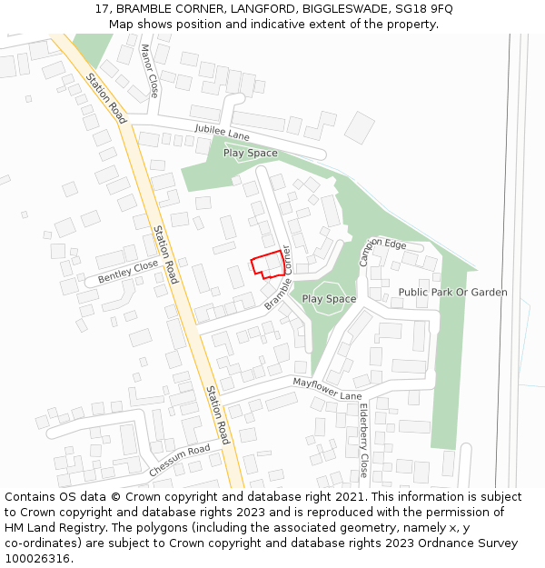 17, BRAMBLE CORNER, LANGFORD, BIGGLESWADE, SG18 9FQ: Location map and indicative extent of plot