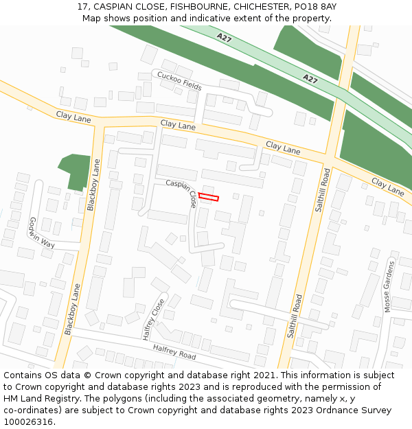 17, CASPIAN CLOSE, FISHBOURNE, CHICHESTER, PO18 8AY: Location map and indicative extent of plot
