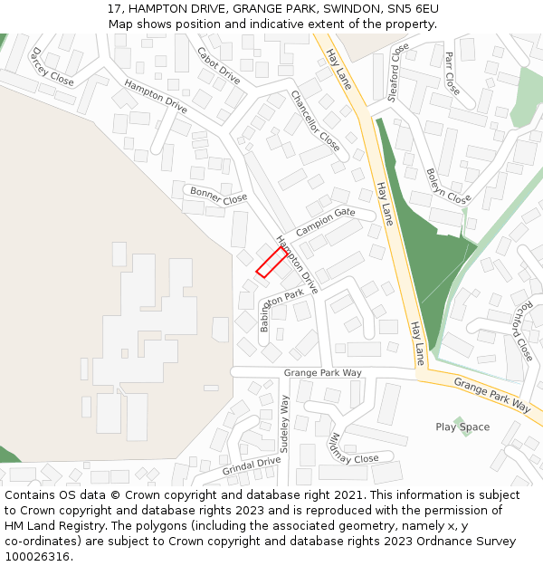 17, HAMPTON DRIVE, GRANGE PARK, SWINDON, SN5 6EU: Location map and indicative extent of plot