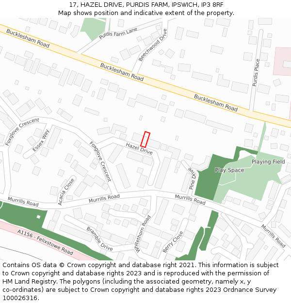 17, HAZEL DRIVE, PURDIS FARM, IPSWICH, IP3 8RF: Location map and indicative extent of plot