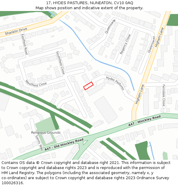 17, HYDES PASTURES, NUNEATON, CV10 0AQ: Location map and indicative extent of plot