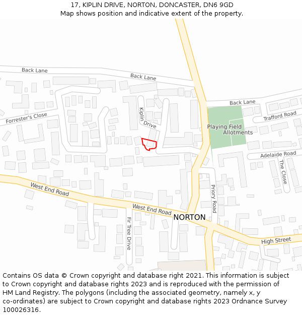 17, KIPLIN DRIVE, NORTON, DONCASTER, DN6 9GD: Location map and indicative extent of plot