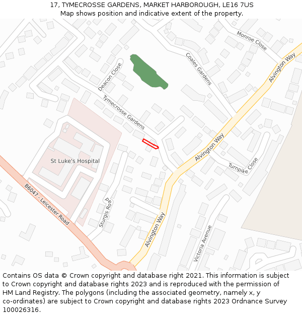 17, TYMECROSSE GARDENS, MARKET HARBOROUGH, LE16 7US: Location map and indicative extent of plot
