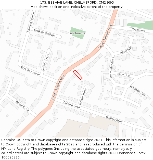173, BEEHIVE LANE, CHELMSFORD, CM2 9SG: Location map and indicative extent of plot