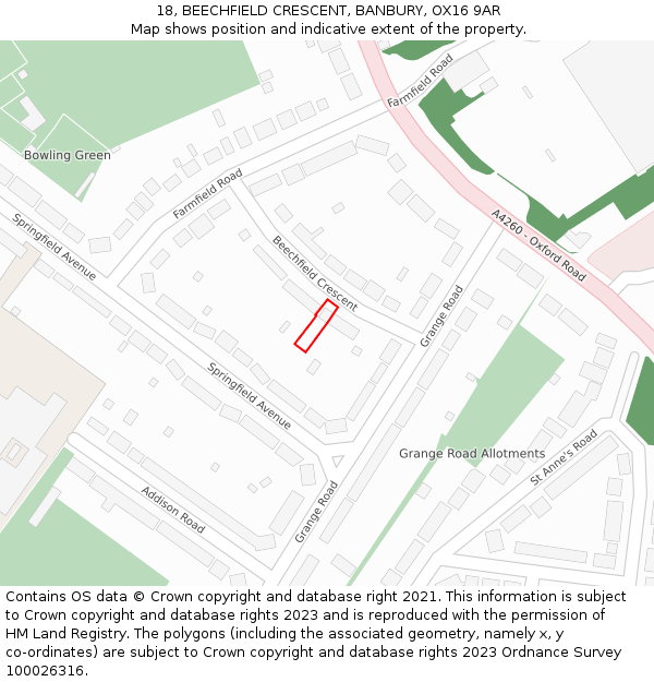 18, BEECHFIELD CRESCENT, BANBURY, OX16 9AR: Location map and indicative extent of plot