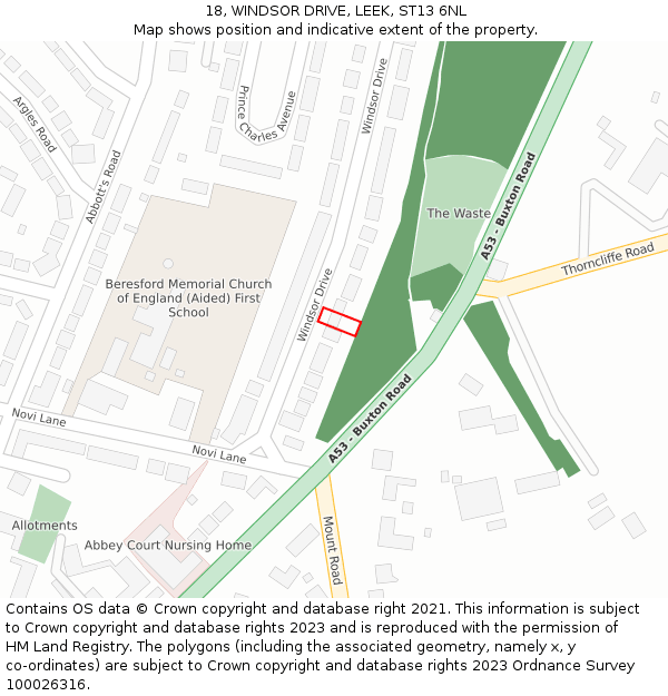 18, WINDSOR DRIVE, LEEK, ST13 6NL: Location map and indicative extent of plot
