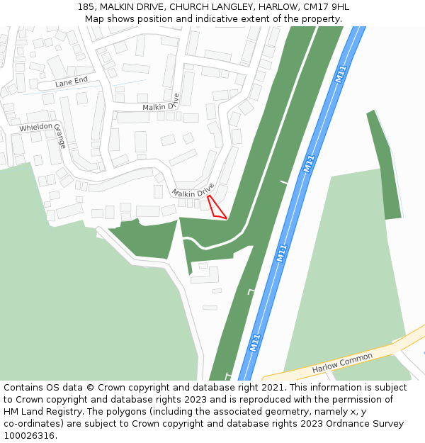 185, MALKIN DRIVE, CHURCH LANGLEY, HARLOW, CM17 9HL: Location map and indicative extent of plot