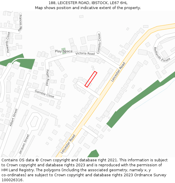 188, LEICESTER ROAD, IBSTOCK, LE67 6HL: Location map and indicative extent of plot