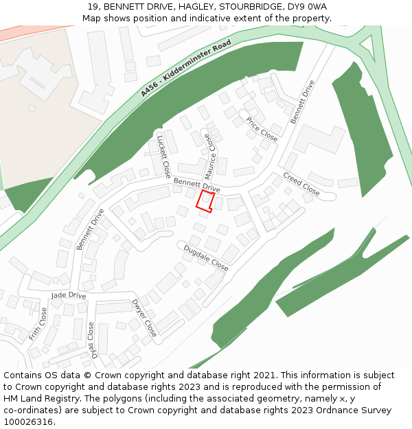 19, BENNETT DRIVE, HAGLEY, STOURBRIDGE, DY9 0WA: Location map and indicative extent of plot
