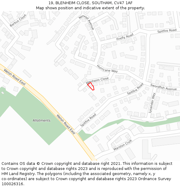 19, BLENHEIM CLOSE, SOUTHAM, CV47 1AF: Location map and indicative extent of plot