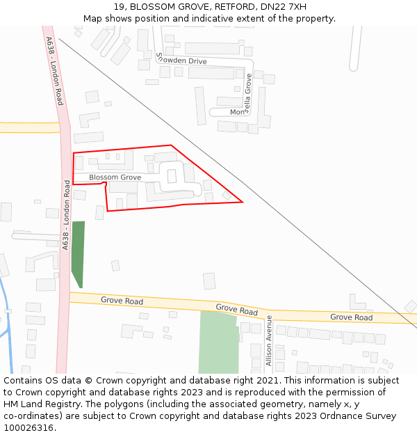 19, BLOSSOM GROVE, RETFORD, DN22 7XH: Location map and indicative extent of plot