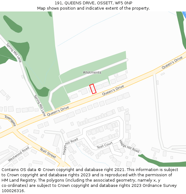 191, QUEENS DRIVE, OSSETT, WF5 0NP: Location map and indicative extent of plot