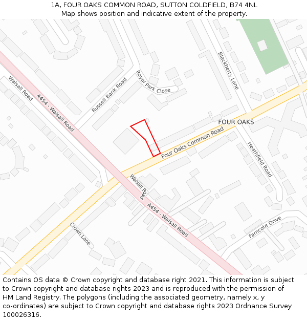 1A, FOUR OAKS COMMON ROAD, SUTTON COLDFIELD, B74 4NL: Location map and indicative extent of plot