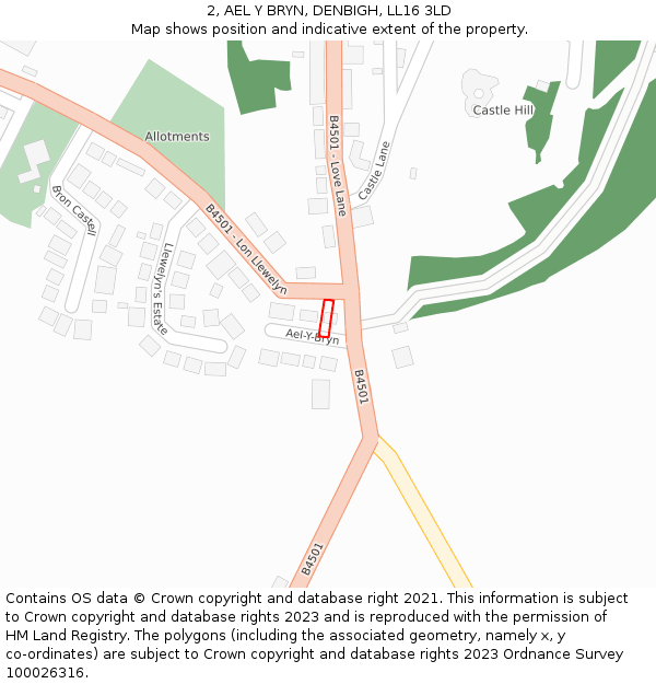2, AEL Y BRYN, DENBIGH, LL16 3LD: Location map and indicative extent of plot
