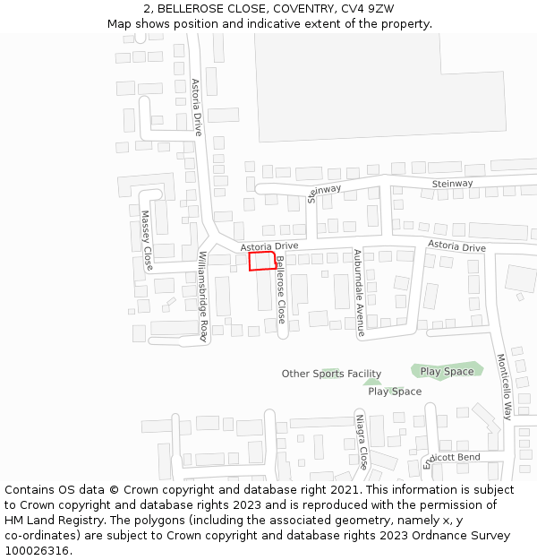 2, BELLEROSE CLOSE, COVENTRY, CV4 9ZW: Location map and indicative extent of plot