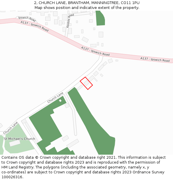 2, CHURCH LANE, BRANTHAM, MANNINGTREE, CO11 1PU: Location map and indicative extent of plot