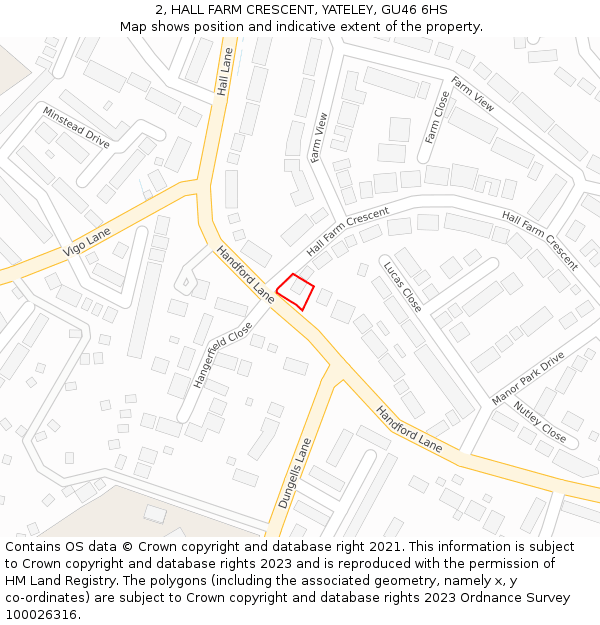 2, HALL FARM CRESCENT, YATELEY, GU46 6HS: Location map and indicative extent of plot