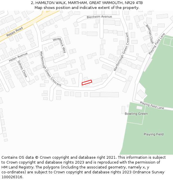 2, HAMILTON WALK, MARTHAM, GREAT YARMOUTH, NR29 4TB: Location map and indicative extent of plot