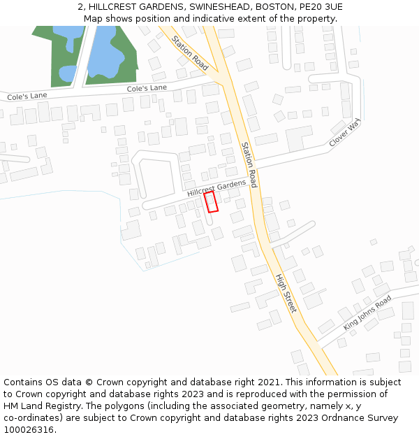 2, HILLCREST GARDENS, SWINESHEAD, BOSTON, PE20 3UE: Location map and indicative extent of plot