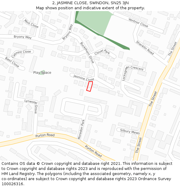 2, JASMINE CLOSE, SWINDON, SN25 3JN: Location map and indicative extent of plot