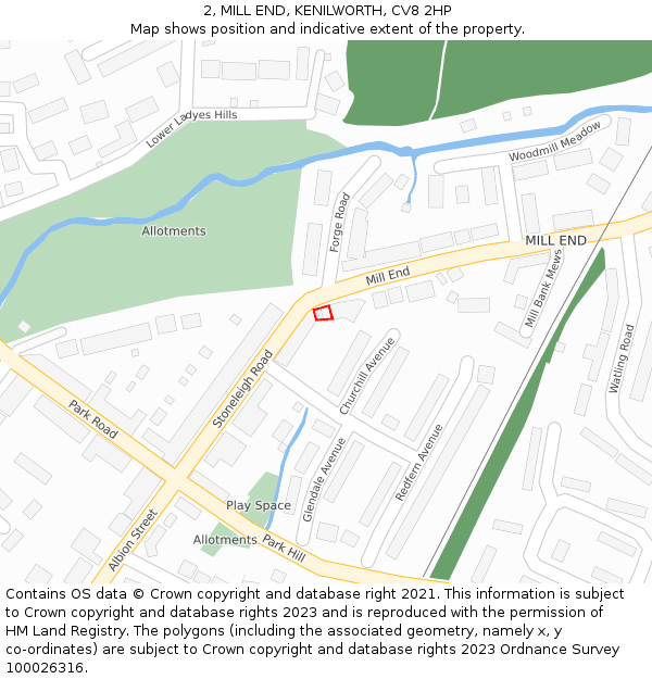 2, MILL END, KENILWORTH, CV8 2HP: Location map and indicative extent of plot
