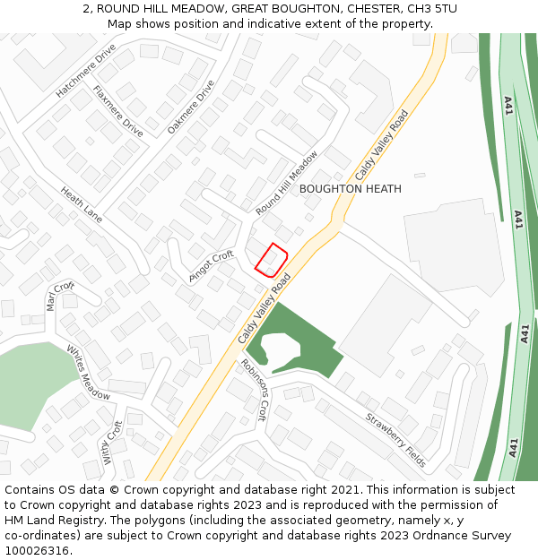 2, ROUND HILL MEADOW, GREAT BOUGHTON, CHESTER, CH3 5TU: Location map and indicative extent of plot