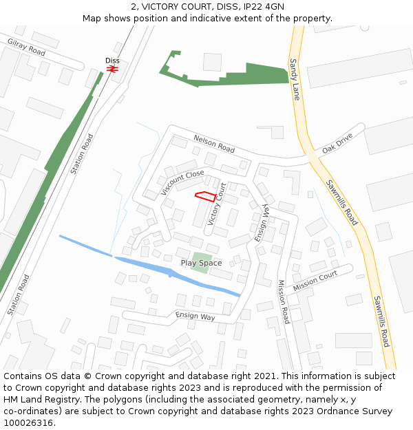 2, VICTORY COURT, DISS, IP22 4GN: Location map and indicative extent of plot