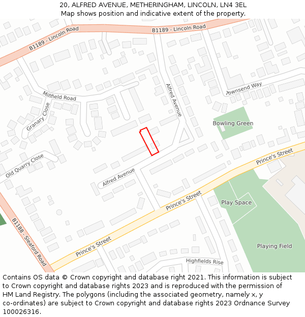 20, ALFRED AVENUE, METHERINGHAM, LINCOLN, LN4 3EL: Location map and indicative extent of plot