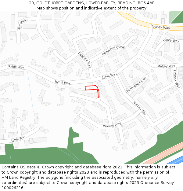 20, GOLDTHORPE GARDENS, LOWER EARLEY, READING, RG6 4AR: Location map and indicative extent of plot