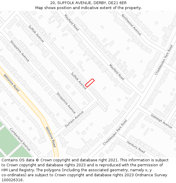 20, SUFFOLK AVENUE, DERBY, DE21 6ER: Location map and indicative extent of plot