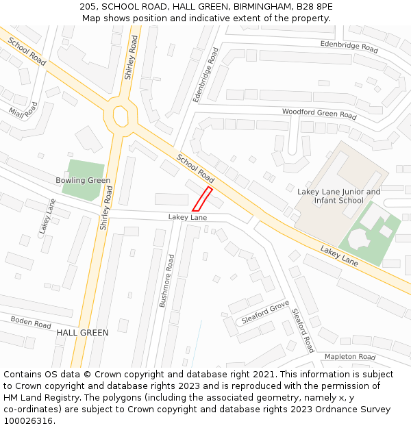 205, SCHOOL ROAD, HALL GREEN, BIRMINGHAM, B28 8PE: Location map and indicative extent of plot