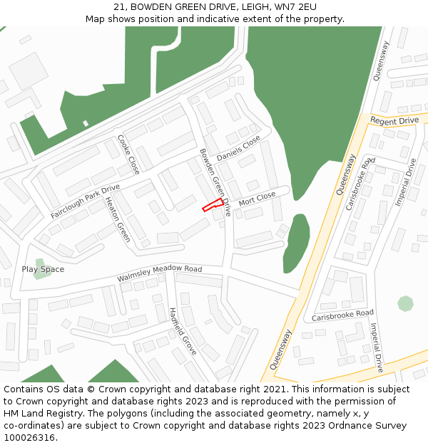 21, BOWDEN GREEN DRIVE, LEIGH, WN7 2EU: Location map and indicative extent of plot
