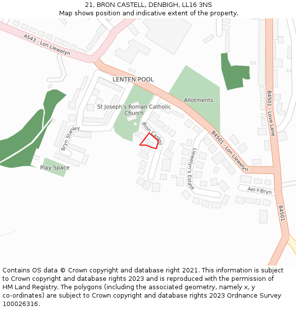21, BRON CASTELL, DENBIGH, LL16 3NS: Location map and indicative extent of plot