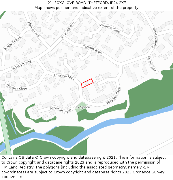 21, FOXGLOVE ROAD, THETFORD, IP24 2XE: Location map and indicative extent of plot