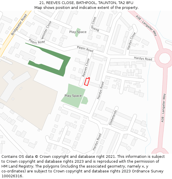 21, REEVES CLOSE, BATHPOOL, TAUNTON, TA2 8FU: Location map and indicative extent of plot