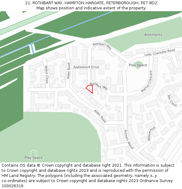 21, ROTHBART WAY, HAMPTON HARGATE, PETERBOROUGH, PE7 8DZ: Location map and indicative extent of plot