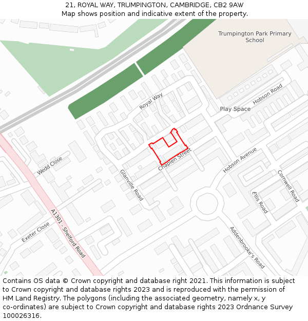 21, ROYAL WAY, TRUMPINGTON, CAMBRIDGE, CB2 9AW: Location map and indicative extent of plot