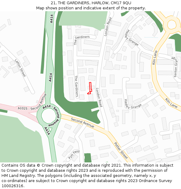 21, THE GARDINERS, HARLOW, CM17 9QU: Location map and indicative extent of plot