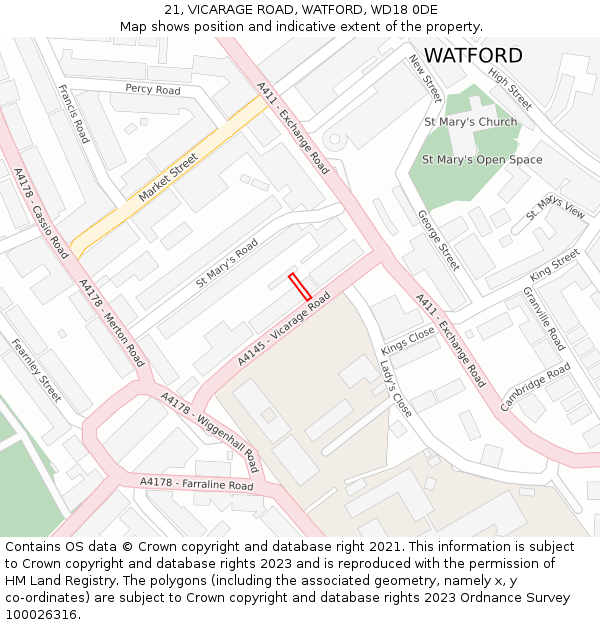 21, VICARAGE ROAD, WATFORD, WD18 0DE: Location map and indicative extent of plot